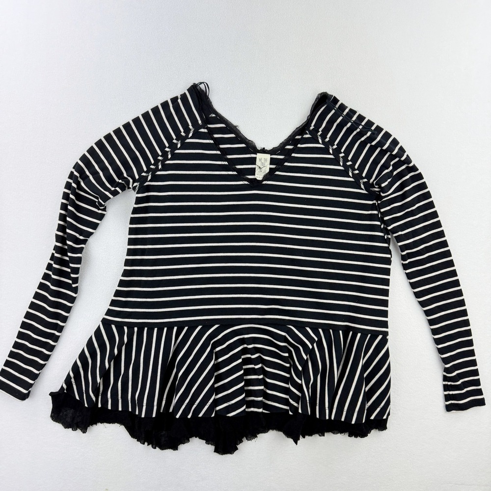 We The Free Striped‎ Long Sleeve Top Size M Black White Peplum Hem Women's